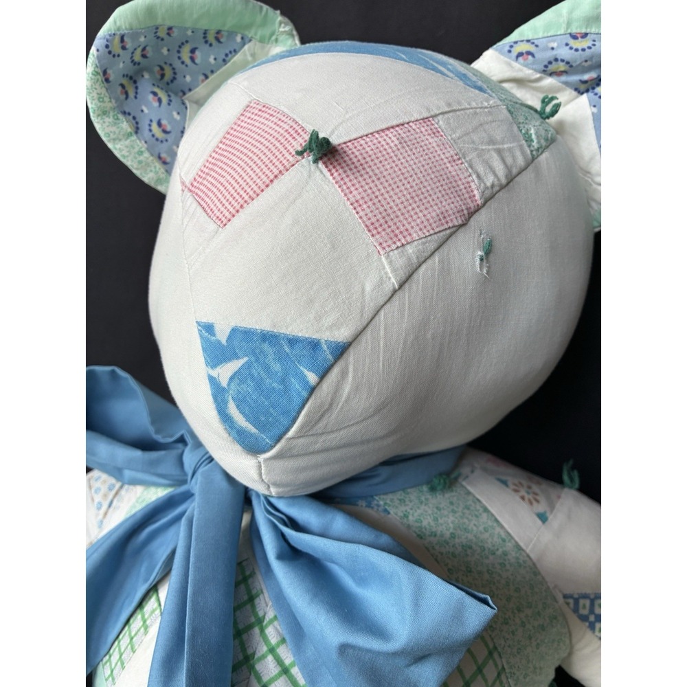 Handmade Quilted Teddy Bear Multicolor Patchwork Pink Blue Bow Cottagecore 21"